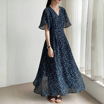 【ワンピース】夏 Vネック ウエストリボン 花柄 半袖 ワンピース 【SHシリーズ】