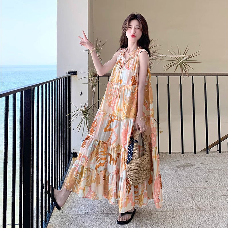 【ワンピース】高級感あふれるロマンティックリゾート風 シフォン花柄ノースリーブワンピース【SHシリーズ】