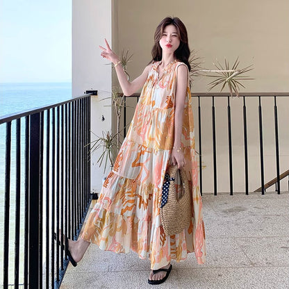 【ワンピース】高級感あふれるロマンティックリゾート風 シフォン花柄ノースリーブワンピース【SHシリーズ】