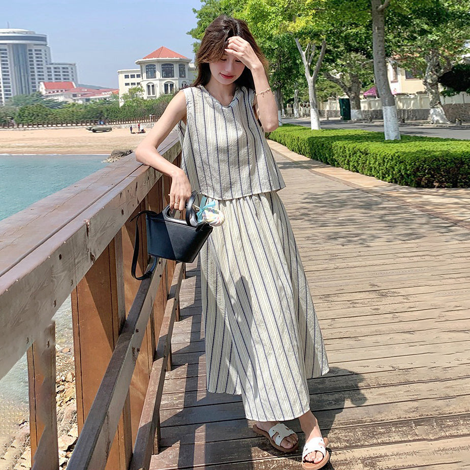 2点セット！【セットアップ】後ろ姿まで抜かりない…♡ ストライプ トップス＋スカート 上下セット 夏コーデ 大人かわいい こなれ感◎【JZシリーズ】