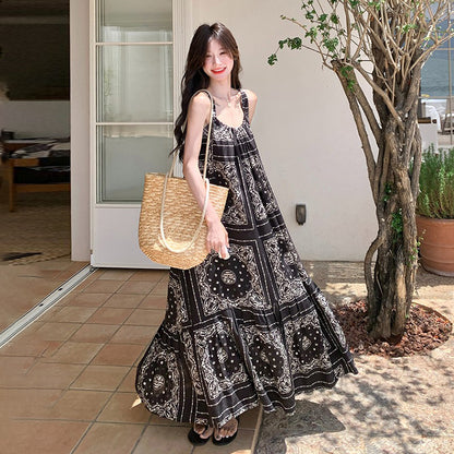 【ワンピース】フレンチヴィンテージ ボヘミアン ノースリーブワンピース 夏 高見え キャミソールロングドレス【SHシリーズ】