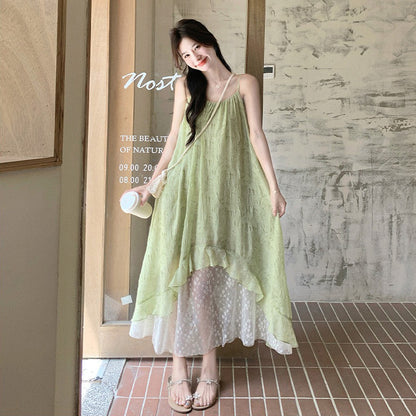 【ワンピース】グリーン ダブルレイヤー 小花柄 キャミワンピース 夏 レディース フェミニン リゾートワンピ【SHシリーズ】