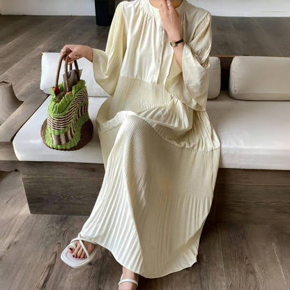 【ワンピース】夏 プリーツ 切り替え 大振裾 半袖 ワンピース