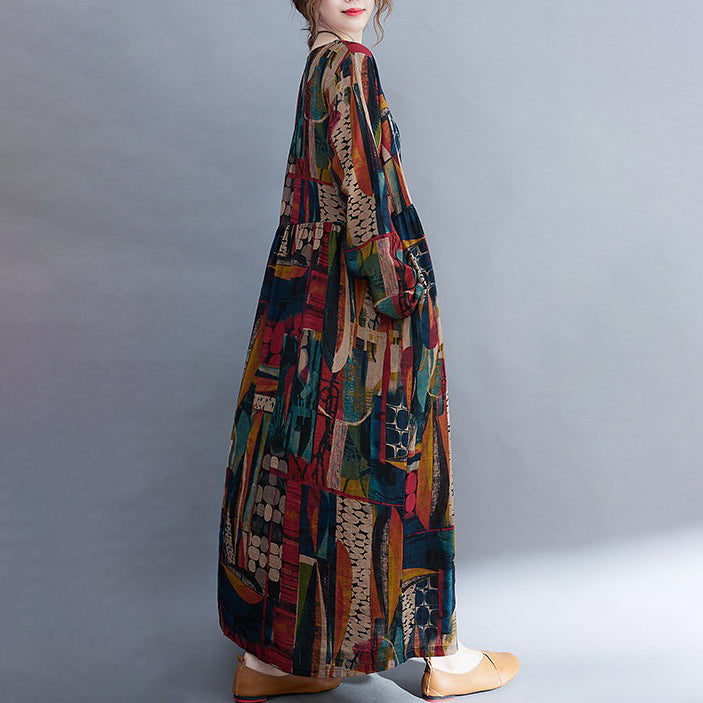 【ワンピース】花柄 大きいサイズ 文芸風 レトロ 長袖 プリント フレアワンピース ゆったり ロング丈 春秋新作【SHシリーズ】