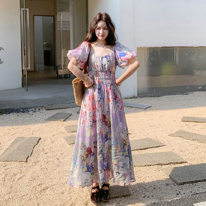 【ワンピース】夏 ドーパミン フラワー 油絵プリント 半袖ワンピース【SHシリーズ】