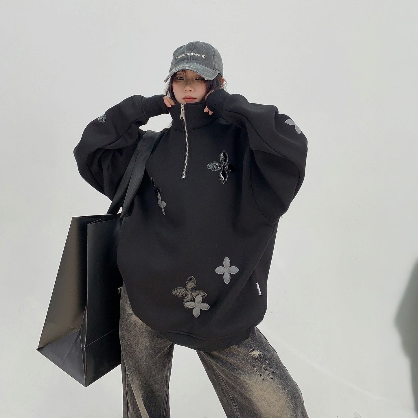 【トップス】パッチレザー付きの ヘビーウェイト 春 秋 冬 スタンドネック パーカー 【FCシリーズ】