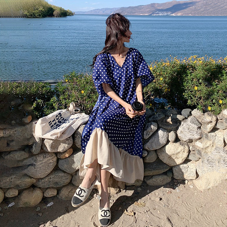 【ワンピース】高級感 ドット柄 シフォン 半袖ワンピース 超人気 おしゃれでリラックス感たっぷり リゾートロングドレス【SHシリーズ】