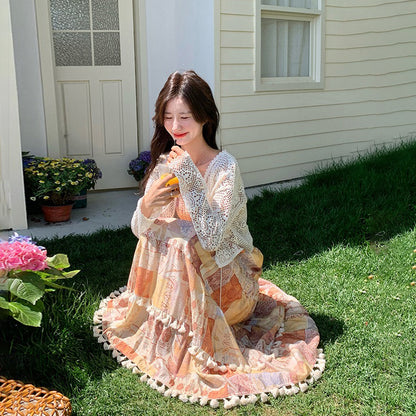 2点セット！【セットアップ】ヴィンテージエレガンス リゾート風 カーディガン＋ノースリーブワンピース セット【SHシリーズ】