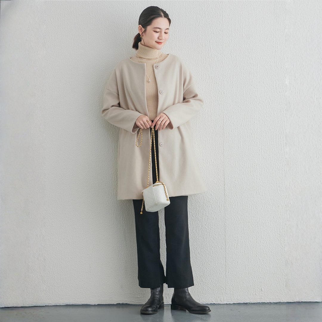 【アウター】春 秋 冬 ラウンドネック ボタン留め メルトン コート