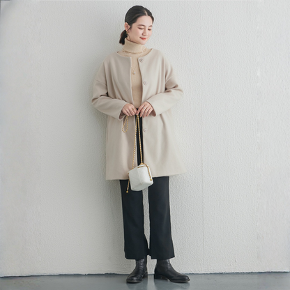 【アウター】春 秋 冬 ラウンドネック ボタン留め メルトン コート