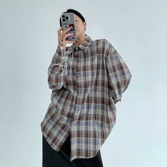 【トップス】春 秋 冬 レトロ ラインストーン チェック 長袖シャツ  【FCシリーズ】
