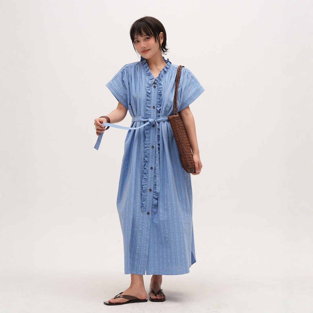 【ワンピース】【15～20日内発送】ノースリーブ  ストライプ フリルカラー リボン付き ウエストマーク ワンピース 【JZシリーズ】