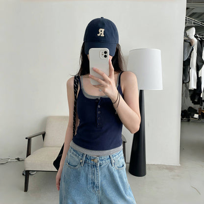 【トップス】夏 フェイクレイヤード パッド付き 着痩せ効果 タンクトップ 【FCシリーズ】