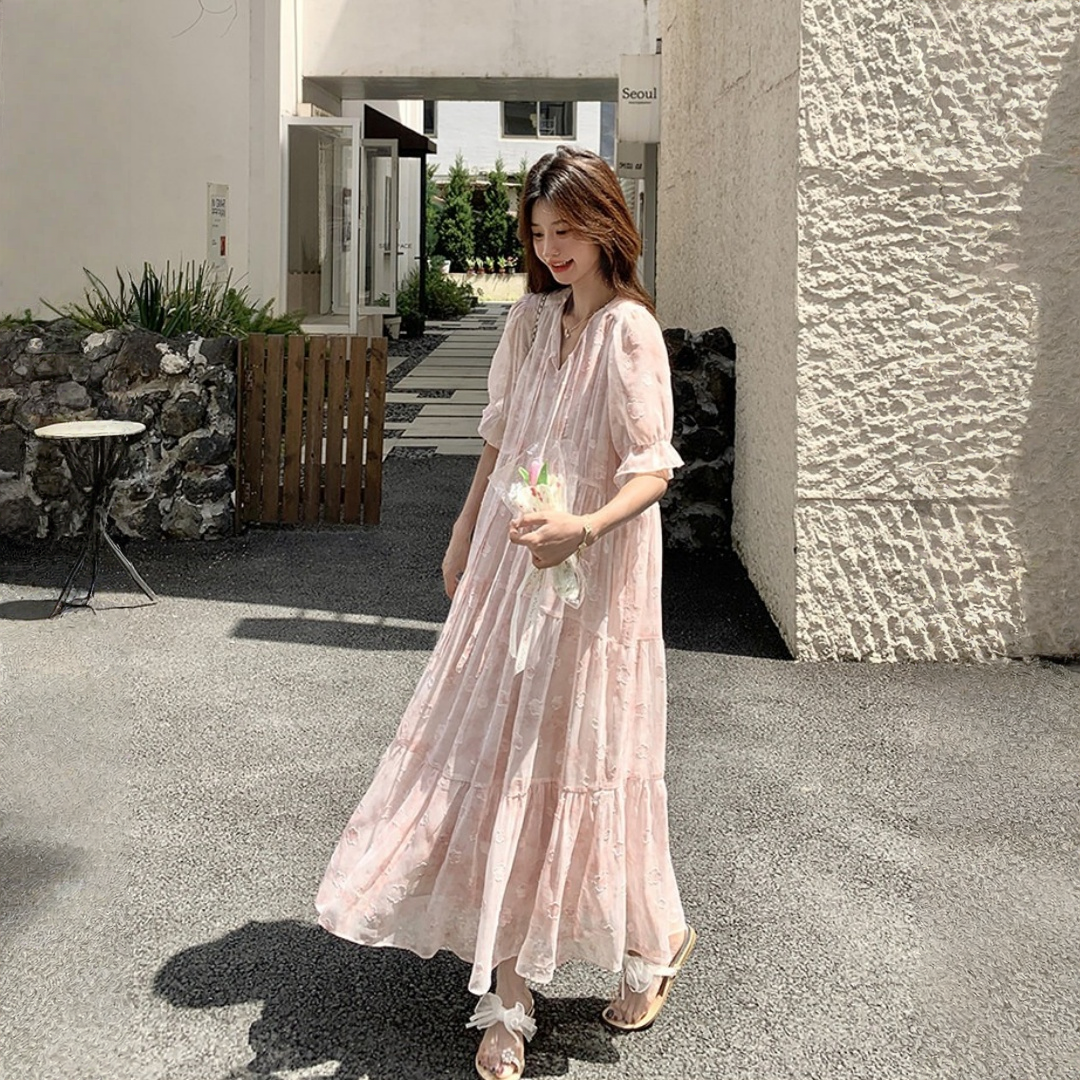 【ワンピース】スウィートな リボンネック 小花柄 ロングワンピース 【SHシリーズ】
