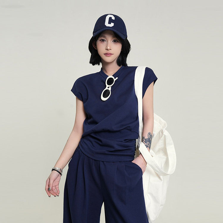 【セットアップ】韓国風 フリルスリーブTシャツ  クルーネック トップス＋パンツ 上下セット レディース 夏新作 細見え 体型カバー【FCシリーズ】