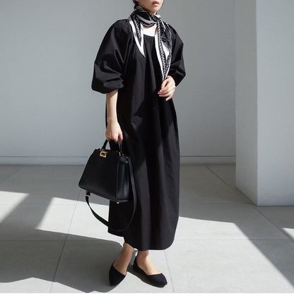 【ワンピース】春秋 ゆったり 大きいサイズ  リボン ランタンスリーブ 長袖ワンピース