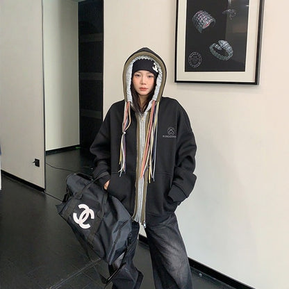 【アウター】カラフル ドローコード レイヤード風 フード付き ジャケット【FCシリーズ】