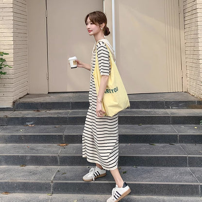 【ワンピース】透かし編みフード付きニットストライプ 半袖ワンピース レディース 夏 学院風 韓国風コーデ 【SHシリーズ】
