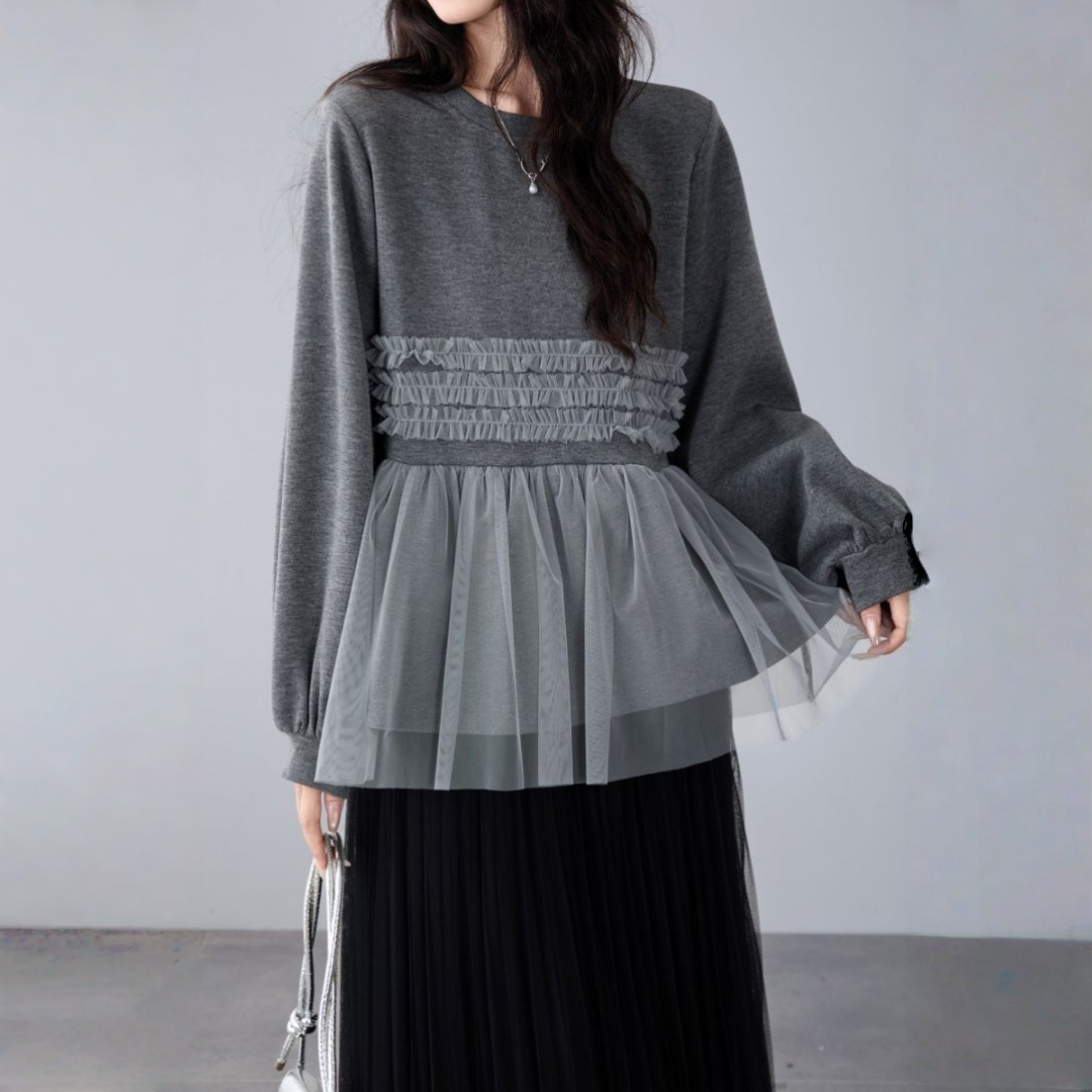 【トップス】春 秋 冬 フリル 切り替え レイヤード風 スウェット 【JZシリーズ】