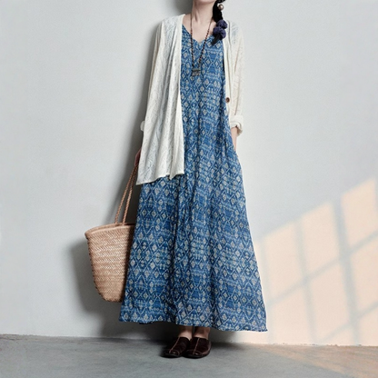 【ワンピース】Vネック レトロ プリント ノースリーブ ワンピース 【SHシリーズ】