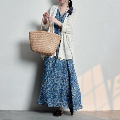 【ワンピース】Vネック レトロ プリント ノースリーブ ワンピース 【SHシリーズ】