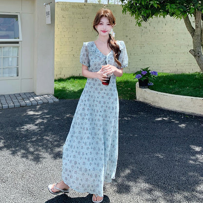 【ワンピース】花柄シフォン 半袖ワンピース｜Vネック 細見え叶う♡フレンチガーリーなAラインドレス【SHシリーズ】