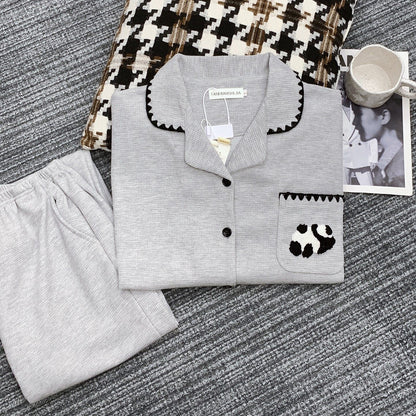 【インナー】ワッフルチェック パンダ コットン素材 長袖長ズボン ルームウェア レディース/メンズ ペア対応 春