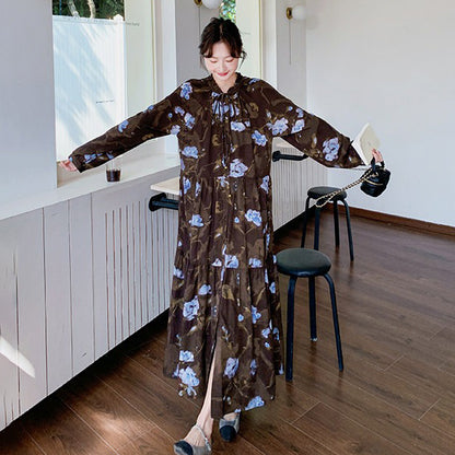 【ワンピース】ヴィンテージ風 フリルカラー 花柄 長袖ワンピース 2026春新作 小柄向け ロング丈【SHシリーズ】