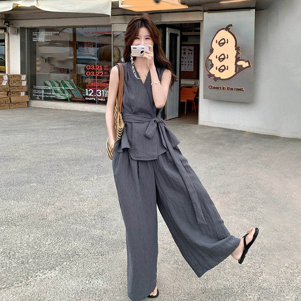 2点セット！【セットアップ】夏 韓国風 通勤 高級感 ジレ＋ワイドパンツ 上下セット【SNシリーズ】【JZシリーズ】