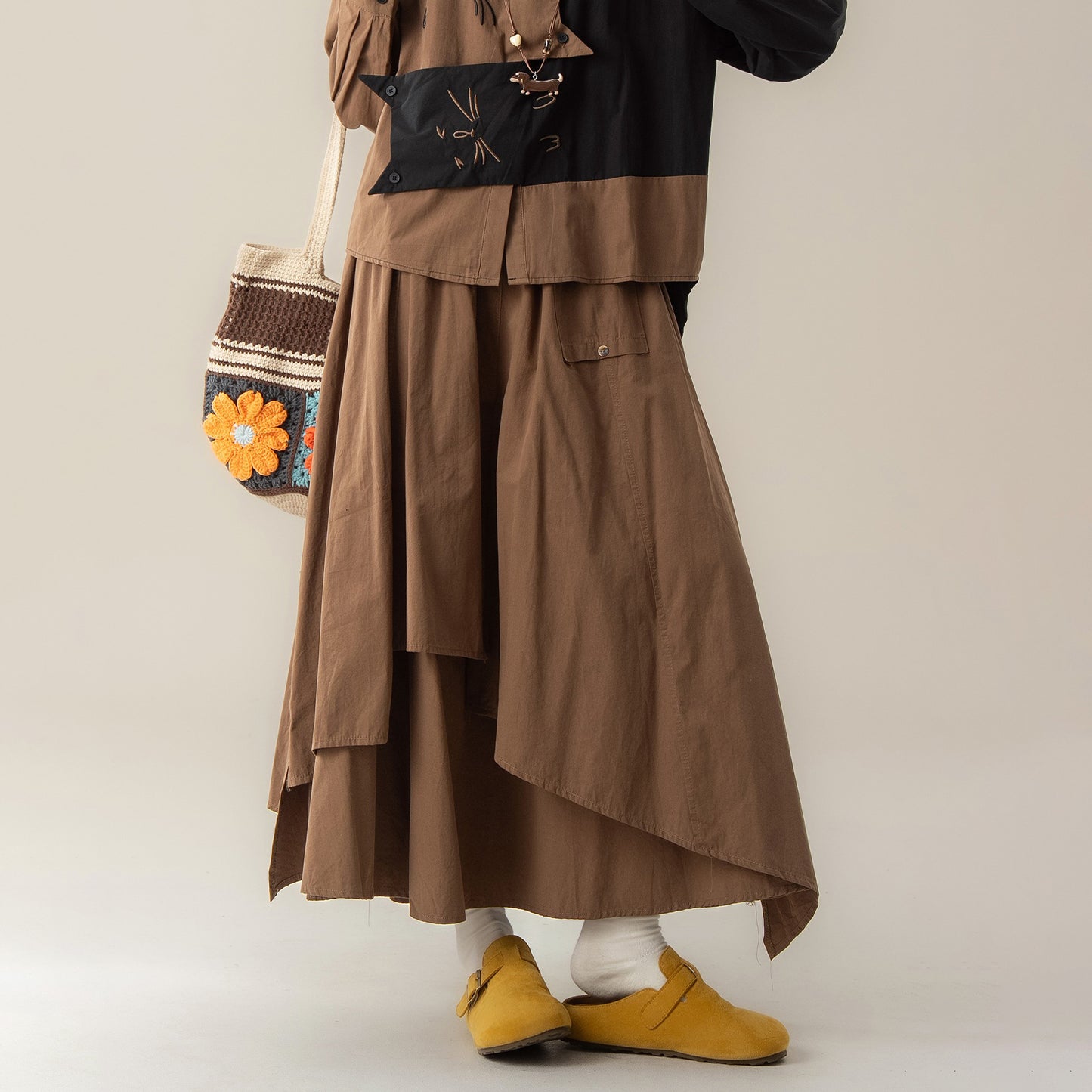 【単品注文】【セットアップ】ねこ刺繍 不規則デザイン 配色切替 長袖 シャツ +スカート 上下セット【JZシリーズ】