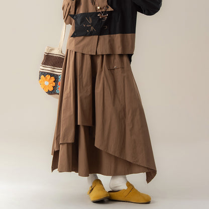 【単品注文】【セットアップ】ねこ刺繍 不規則デザイン 配色切替 長袖 シャツ +スカート 上下セット【JZシリーズ】