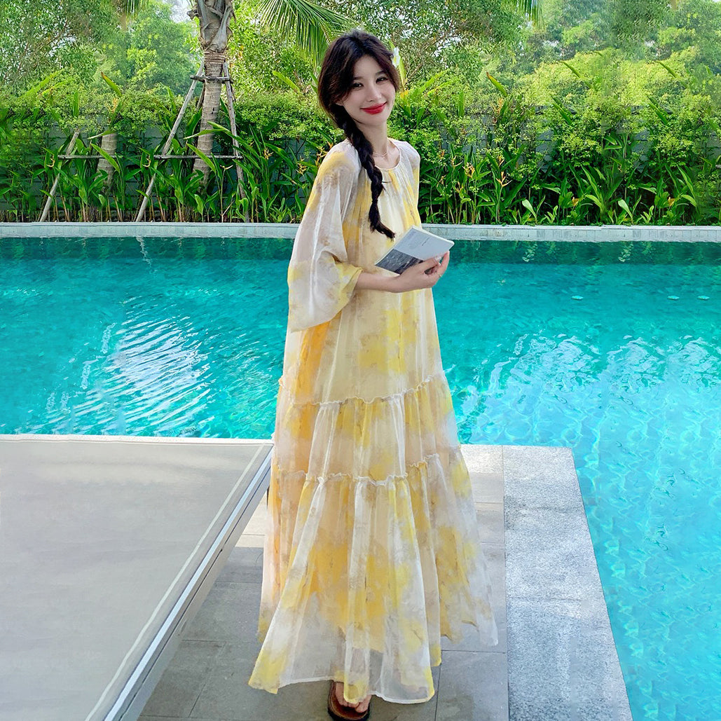 【ワンピース】花柄 長袖ワンピース  レディース 高級感 細見え リゾート風 フェミニン ロングビーチドレス【SHシリーズ】