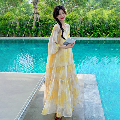 【ワンピース】花柄 長袖ワンピース  レディース 高級感 細見え リゾート風 フェミニン ロングビーチドレス【SHシリーズ】