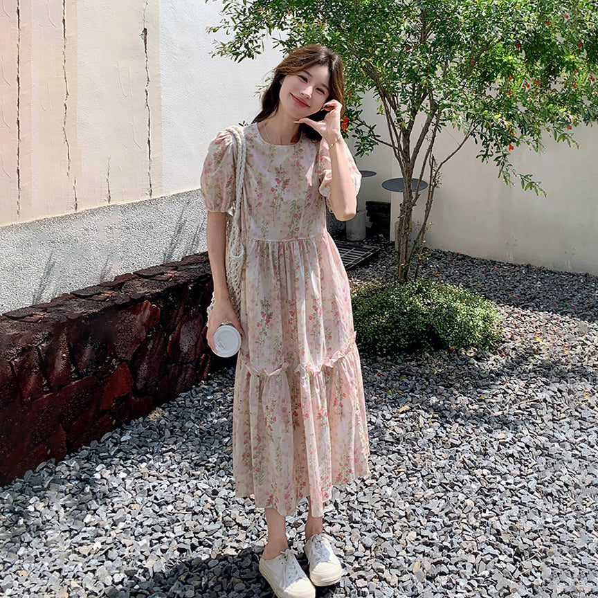 【ワンピース】夏 フレンチカントリー風 ラウンドネック パフスリーブ フラワープリント 半袖ワンピース【SHシリーズ】