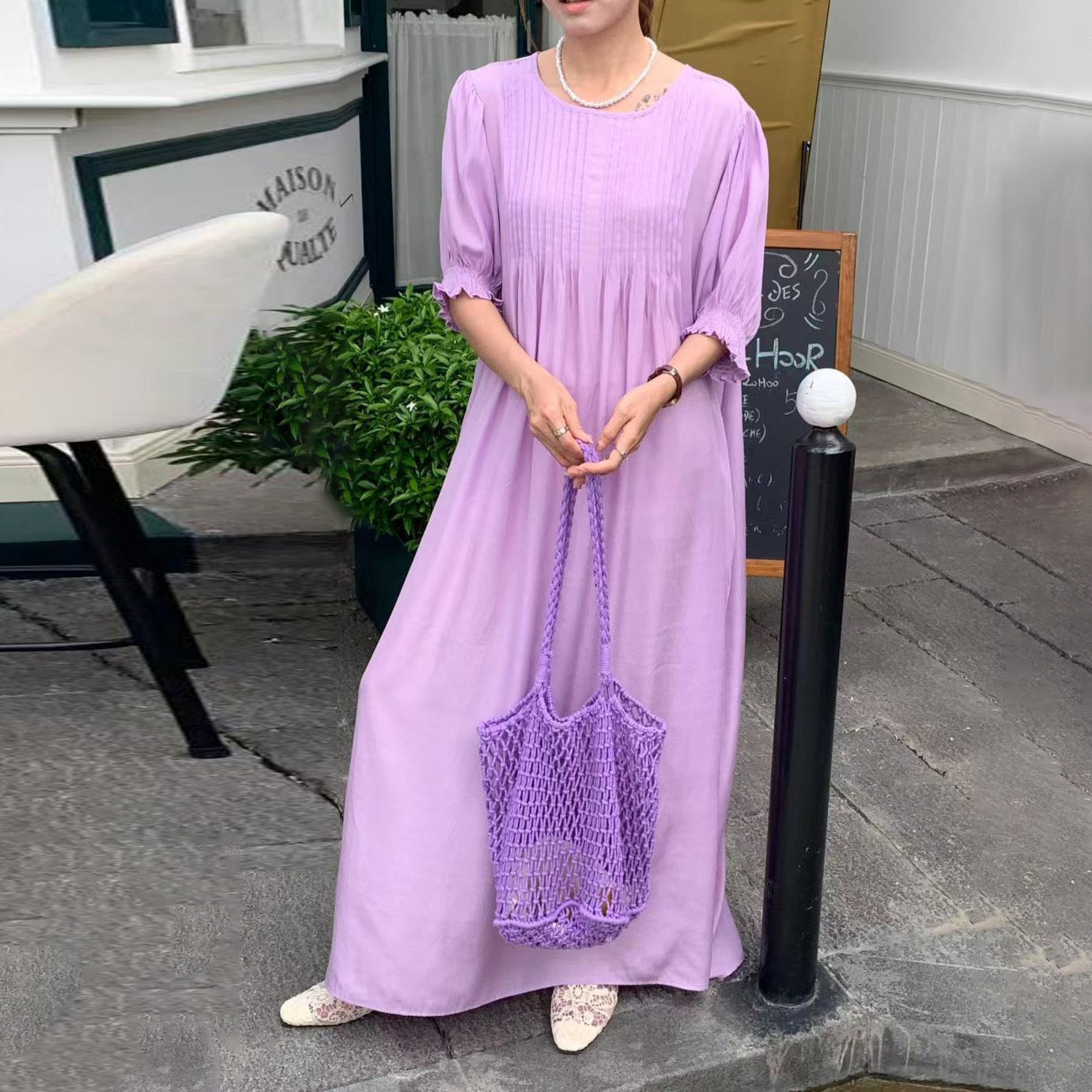 【ワンピース】10色展開 韓国風 レトロ＆アートテイスト ゆったり大きいサイズ 無地 半袖ワンピース