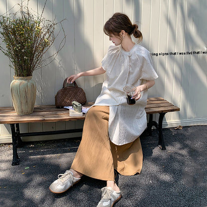 2点セット！【セットアップ】スタンドカラー シャツ フレアスカート 上下セット 上品 きれいめ 体型カバー ゆったり ミモレ丈【JZシリーズ】