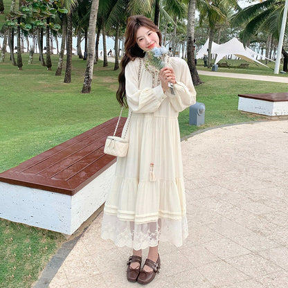 【ワンピース】ベージュ フラワーレース刺繍襟 ワンピース レディース 新作 長袖 フェミニン フレンチ風ロングドレス【JZシリーズ】