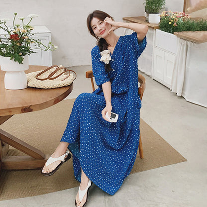 【ワンピース】ドーパミン  小花柄ドット Vネック 半袖ワンピース レディース 夏 リラックス感 シフォンロングドレス【SHシリーズ】