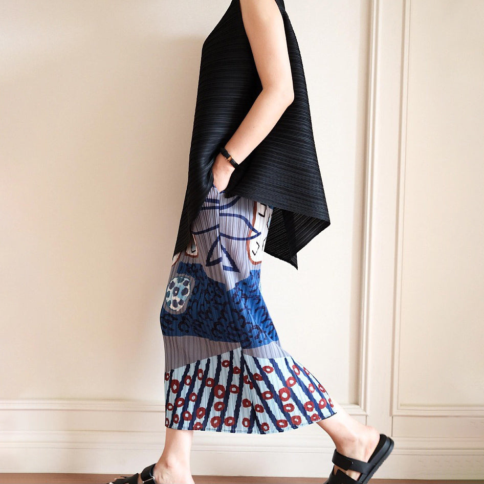 【ボトムス】夏新作 快適おしゃれ ハイウエストシンプルプリーツプリントスカート 着痩せカジュアル【SHシリーズ】