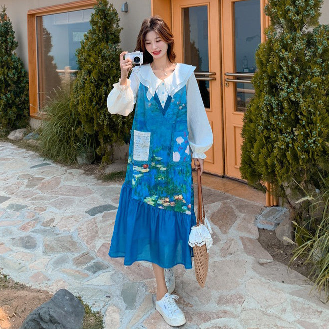 【ワンピース】スイート 花柄 チェック 切り替え 長袖ワンピース レディース 春秋 細見え 可愛い マーメイドワンピース【シリーズ】