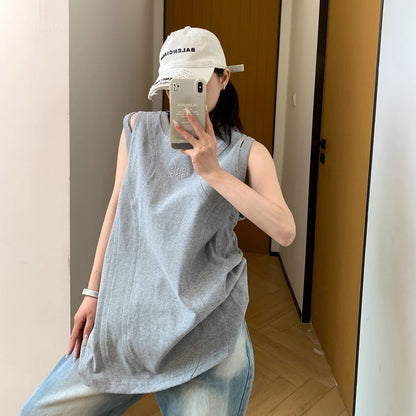 【トップス】高級感 夏新作 個性派デザイン 肩あき刺繍入り タンクトップ Ｔシャツ【FCシリーズ】