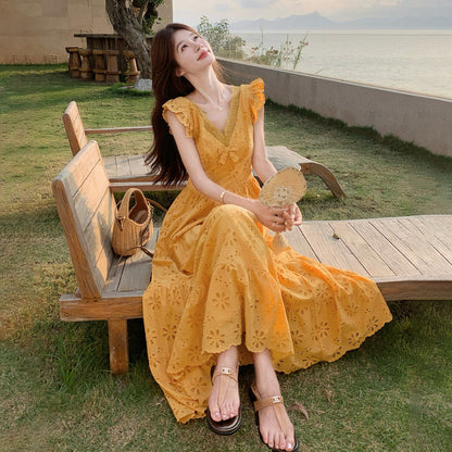 【ワンピース】フレンチロマン オレンジ Vネック カットワーク刺繍 フレアワンピース レディース ノースリーブ 夏 大人可愛い リゾートコーデ ゆったり【JZシリーズ】