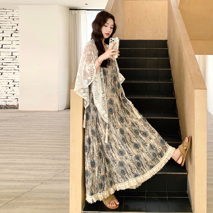 【ワンピース】レースショール付き！フレンチ風プリントノースリーブワンピース・夏のバカンスコーデ【SHシリーズ】