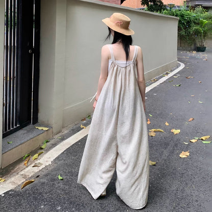 【ボトムス】リネン風 サロペット レディース 夏 オーバーサイズ ワイドパンツ ゆったり 体型カバー オールインワン 人気 ナチュラルコーデ【SHシリーズ】