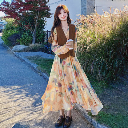 【セットアップ】ベスト付き 花柄フレア 長袖ワンピース セット 春秋 海辺リゾート 高級感【SHシリーズ】