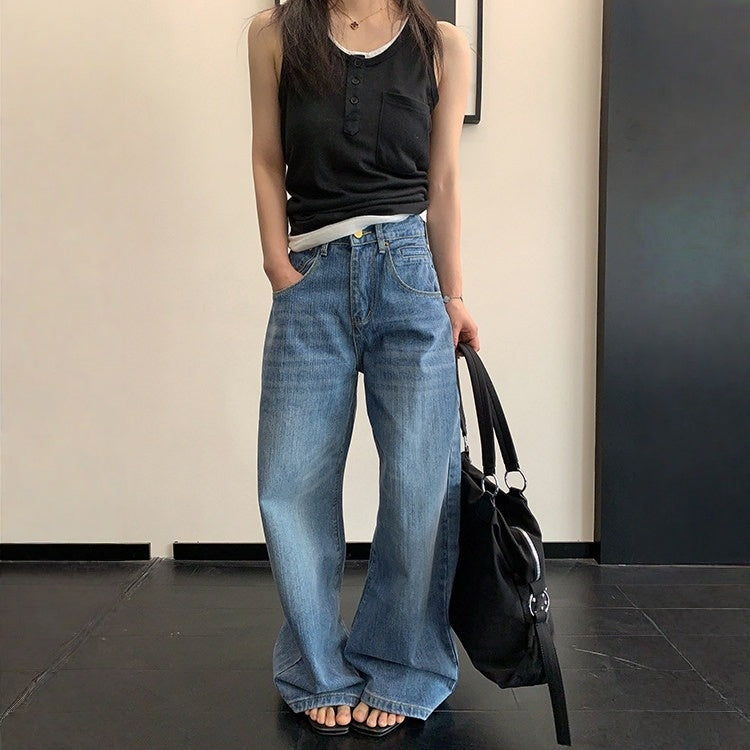 【ボトムス】ヴィンテージ加工 ストレートデニムパンツ  ワイドパンツ 【FCシリーズ】