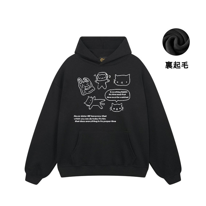 【トップス】🐱ストリート猫プリントヘビーウェイトコットンパーカー ユニセックス ペアルック 秋冬【FCシリーズ】