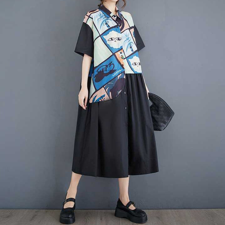 【ワンピース】プリント ワンピース 半袖 膝下 ゆったり ゆるシルエット 切替 痩せ見え 大きいサイズ レディース 夏 楽ちん 快適【SHシリーズ】