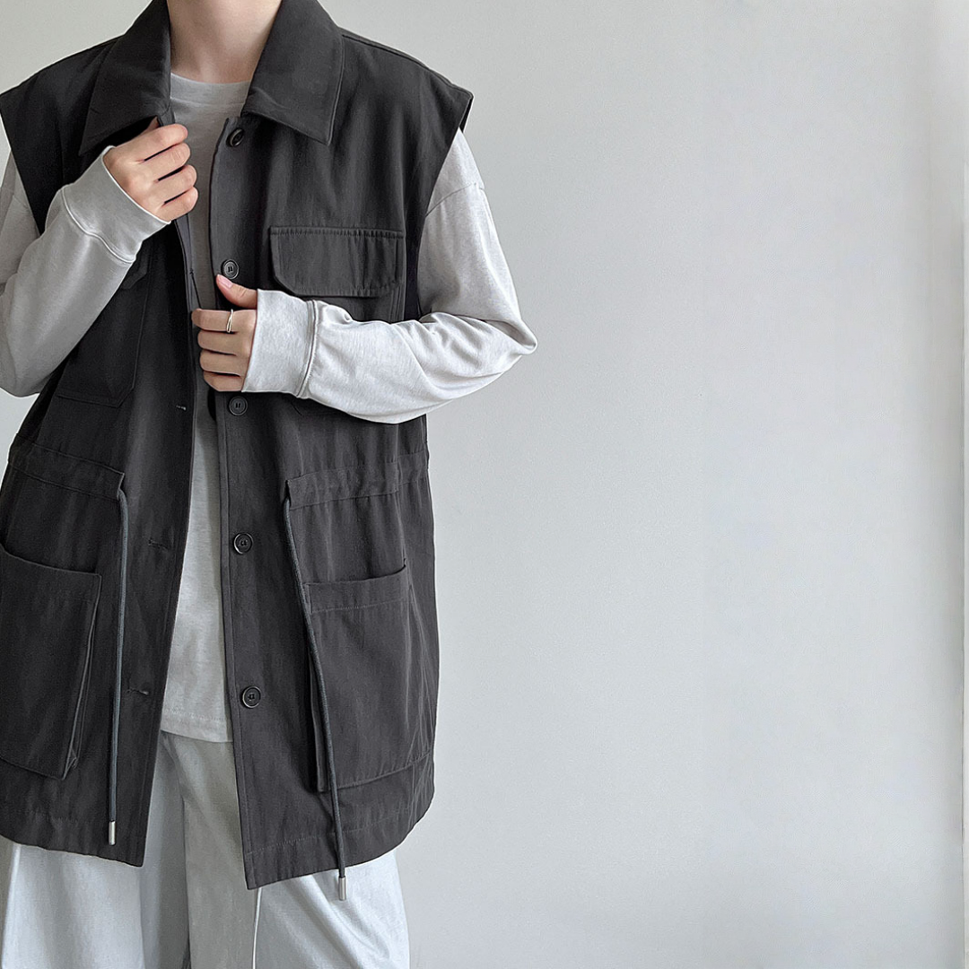 【トップス】春 秋 冬 ワーク風 ドローストリング ポケット ノースリーブ ベスト 【JZシリーズ】