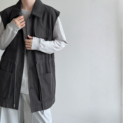 【トップス】春 秋 冬 ワーク風 ドローストリング ポケット ノースリーブ ベスト 【JZシリーズ】